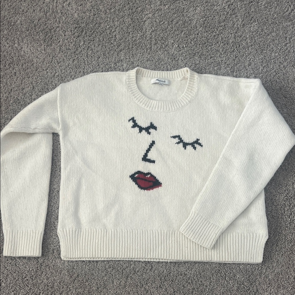 Madewell Cream Sweater with Face Design- Merino Wool Blend